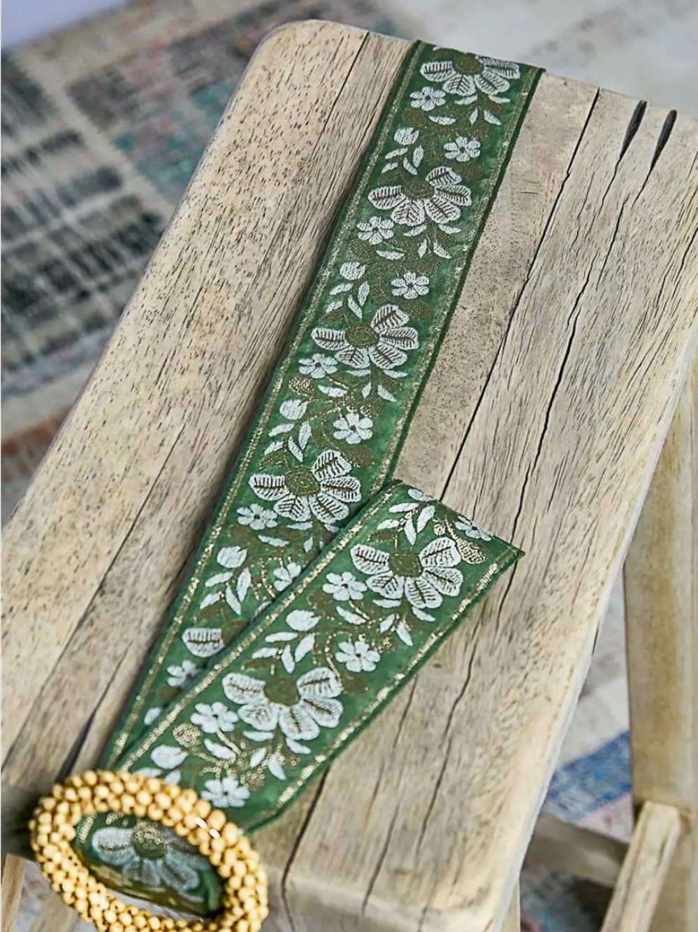 POL Green Floral Embroidered Ribbon Belt with Gold Buckle